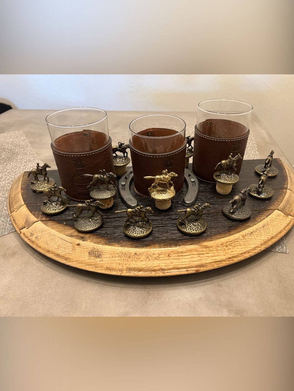 Rustic Brown Leather-Wrapped Shot Glass Set with Equestrian Accents